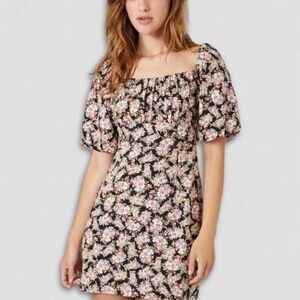 NWT Forever 21 Puff Sleeve Mini Dress Floral  Lace-up Open Back Black/Pink S